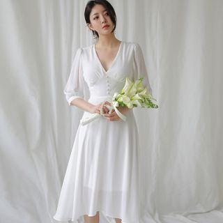 Elbow-sleeve V-neck Midi A-line Chiffon Dress