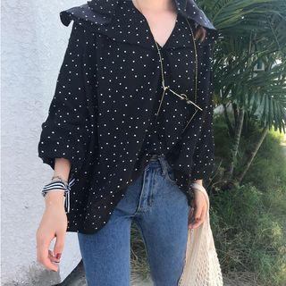 V-neck Dotted 3/4-sleeve Blouse Black - One Size