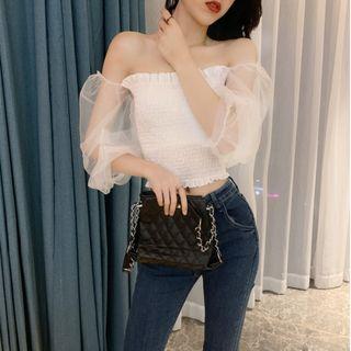 Off-shoulder Mesh Panel Smocked Top