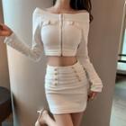 Set: Long-sleeve Off Shoulder T-shirt + Mini Fitted Skirt
