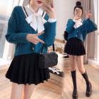 Set: Bow Tie-neck Blouse + Cable Knit Cardigan + Pleated Mini A-line Skirt