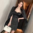 Set: Spaghetti Strap Paneled A-line Dress + Houndstooth Blazer