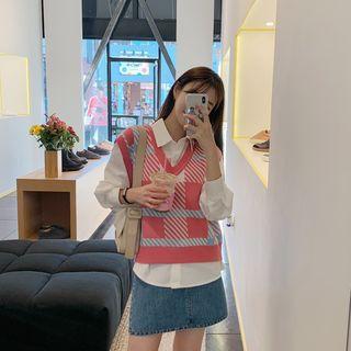 V-neck Pattern Knit Vest Pink - One Size