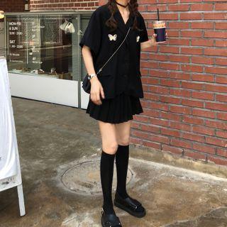 Short-sleeve Butterfly Detail Blouse / Mini Pleated Skirt