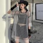 Mock Two-piece Short-sleeve Mesh T-shirt Black - One Size