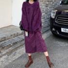 Round-neck Plain Furry Sweater / Floral Print Midi Skirt