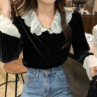Bell-sleeve Collared Velvet Blouse Black - One Size
