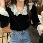 Bell-sleeve Collared Velvet Blouse Black - One Size