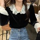 Bell-sleeve Collared Velvet Blouse Black - One Size