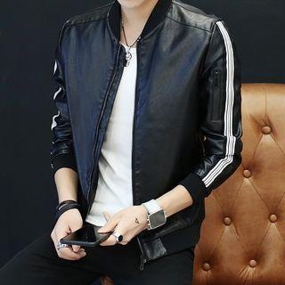 Contrast Trim Zipped Faux Leather Jacket
