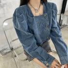 Puff-sleeve Denim Cropped Blouse Blouse - One Size