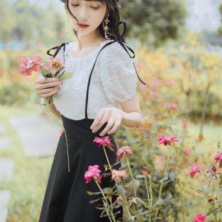 Set: Puff-sleeve Top + Midi A-line Suspender Skirt