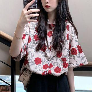 Short-sleeve Floral Printed Blouse Rose - One Size