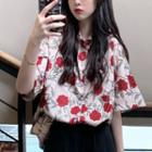 Short-sleeve Floral Printed Blouse Rose - One Size
