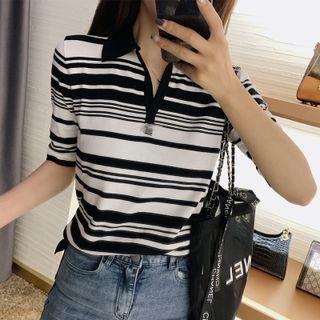 Collar Striped Knit Top Stripe - Black & White - One Size