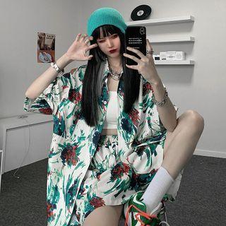 Set: Short-sleeve Print Shirt + Shorts White - One Size