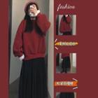 Fleece-lined Plain Sweatshirt + Elastic-waist Pleated Midi Skirt