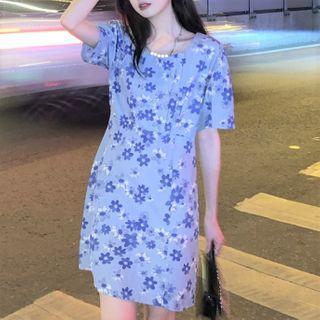 Short-sleeve Floral A-line Dress Floral - Blue - One Size