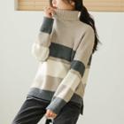 Turtle-neck Dip-back Striped Sweater