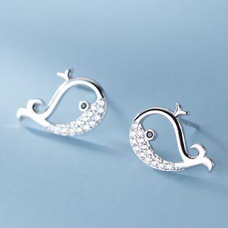 Rhinestone Whale Ear Stud 1 Pair - S925 Sterling Silver Earring - One Size