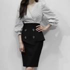 Set: 3/4-sleeve Striped Blouse + Button-detail Pencil Skirt