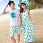 Halter Floral A-line Midi Dress / Set: Short-sleeve T-shirt + Shorts