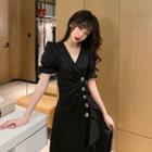 Short-sleeve Buttoned V-neck A-line Dress