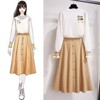 Embroidered Sweater / Button Midi A-line Skirt