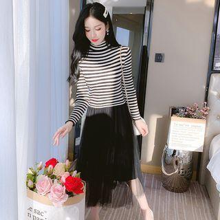 Mock Two-piece Long-sleeve Striped Mesh Overlay Midi A-line Dress