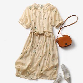 Set: Short-sleeve Embroidered Midi A-line Dress + Slipdress