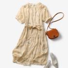 Set: Short-sleeve Embroidered Midi A-line Dress + Slipdress