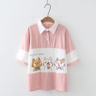 Two-tone Cartoon Cat Print Polo Shirt