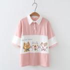 Two-tone Cartoon Cat Print Polo Shirt