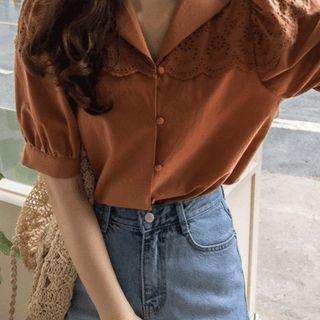 Eyelet Laced Puff-sleeve Blouse