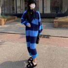Striped Knit Midi Shift Dress Stripes - Dark Blue & Blue - One Size