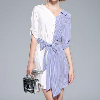 Striped Panel Elbow-sleeve Shirtdress