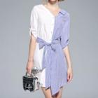 Striped Panel Elbow-sleeve Shirtdress