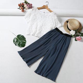 Set: Lace-up Back Short-sleeve Top + Cropped Wide-leg Pants