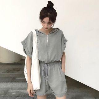 Drawstring Hooded Short-sleeve Playsuit