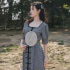 Gingham Short-sleeve Frog-button Midi A-line Dress