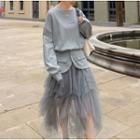 Set: Long-sleeve Printed Sweatshirt +mesh Layer Maxi Dress