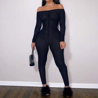 Plain Long Sleeve Off-shoulder Jumpsuit