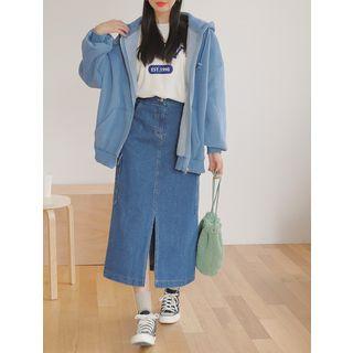 Plus Size Slit-front A-line Denim Skirt