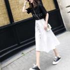 Set: Short-sleeve Number Print T-shirt + Midi A-line Skirt