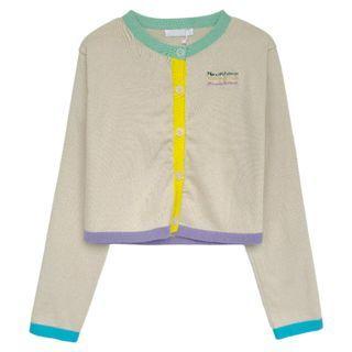 Long-sleeve Lettering Embroidered Knit Cardigan Almond - One Size