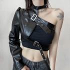 Long-sleeve Strappy Faux Leather Crop Top