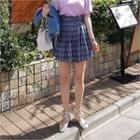 Paperbag-waist Pleated Plaid Miniskirt