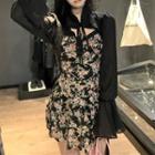 Long-sleeve Floral Print Blouse / Mini A-line Skirt