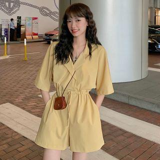 Plain Elbow-sleeve Drawstring-waist Wide-leg Playsuit