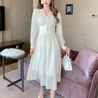 Long-sleeve Faux Pearl V-neck Midi A-line Dress